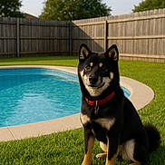 Tchaïko participe au concours pour gagner de l'argent avec cette photo : animal, backyard, canine, daytime, dog, fence, garden, grass, leisure, nature, outdoor, pet, pool, portrait, red_collar, shiba_inu, sitting, summer, sunlight, tree