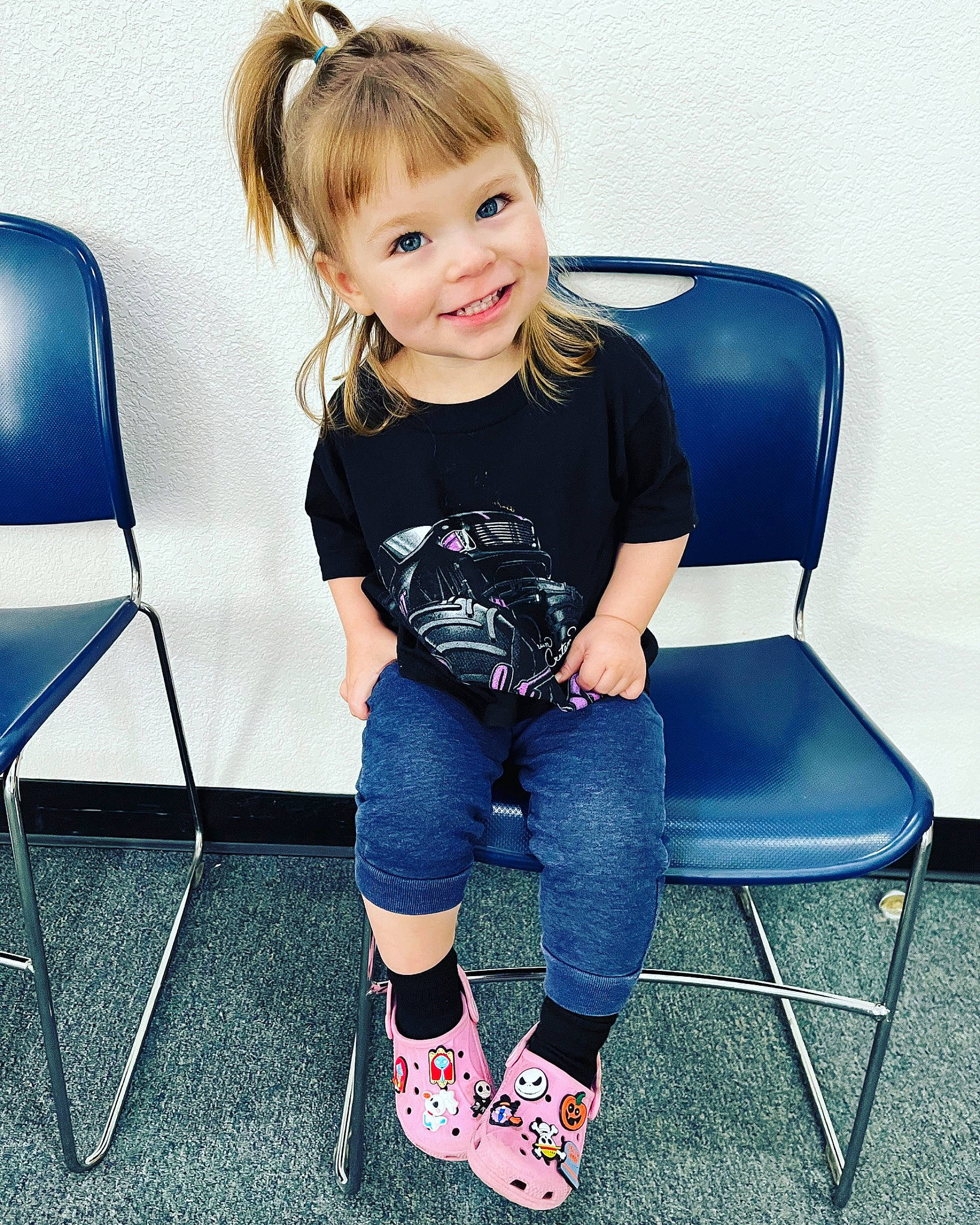 Dixie joined the competition — help win amazing prizes! blue, chair, eye, face, flash_photography, furniture, hair, hairstyle, head, joint, joy, knee, leg, neck, person, product, shoulder, sleeve, smile, standing