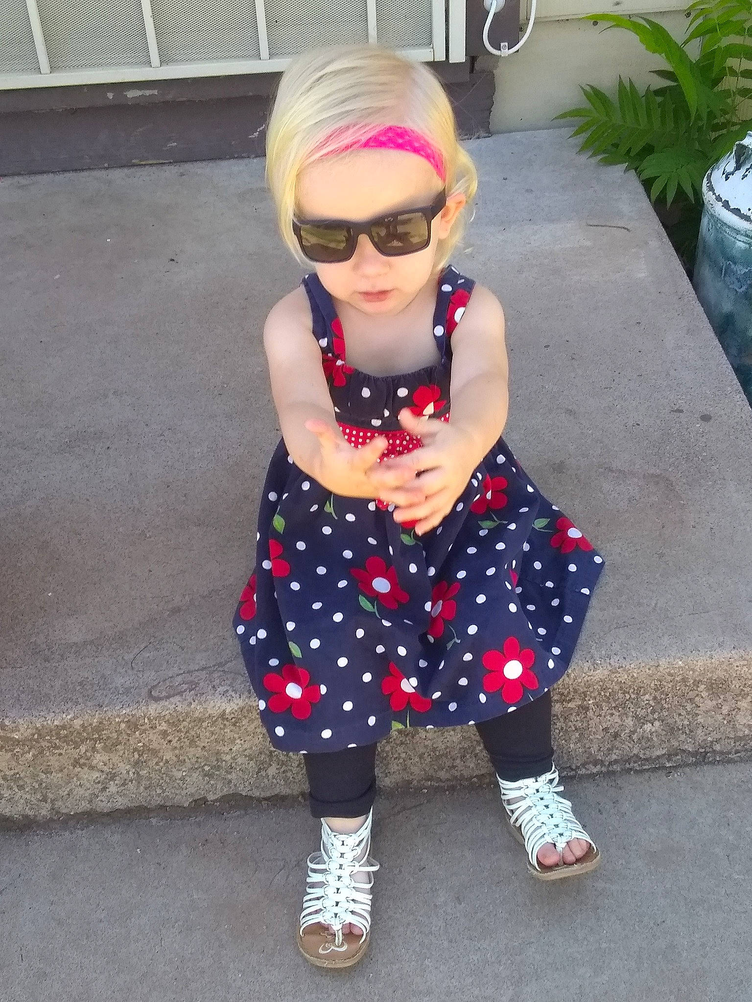 Kaylee joined the competition — help win amazing prizes! child, clothing, cool, design, dress, eyewear, fashion, fawn, footwear, glasses, head, headgear, headwear, pattern, person, pink, plant, polka_dot, shoe, street_fashion