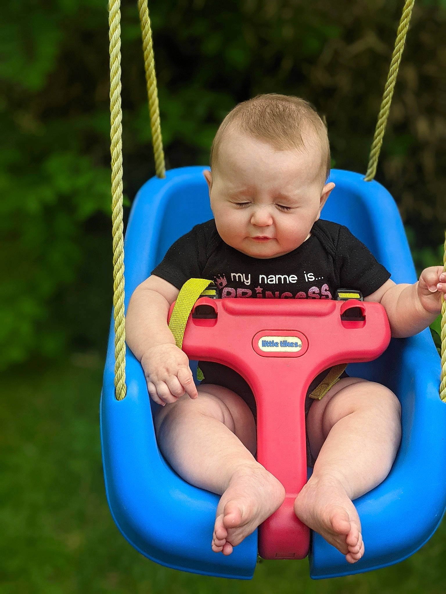 Coraline joined the competition — help win amazing prizes! baby, baby_toddler_clothing, child, city, comfort, electric_blue, eye, fun, grass, hand, happy, head, leisure, nature, outdoor_play_equipment, person, play, playground, recreation, swing