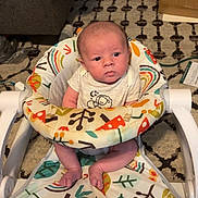 Steven Olivier joined the competition — help win amazing prizes! baby, infant, baby_seat, colorful, patterned, carpet, indoor, child, serious_expression, person, newborn, clothing, sitting, face, head, toes, footwear, home, box, furniture