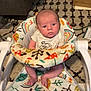 baby, infant, baby_seat, colorful, patterned, carpet, indoor, child, serious_expression, person, newborn, clothing, sitting, face, head, toes, footwear, home, box, furniture