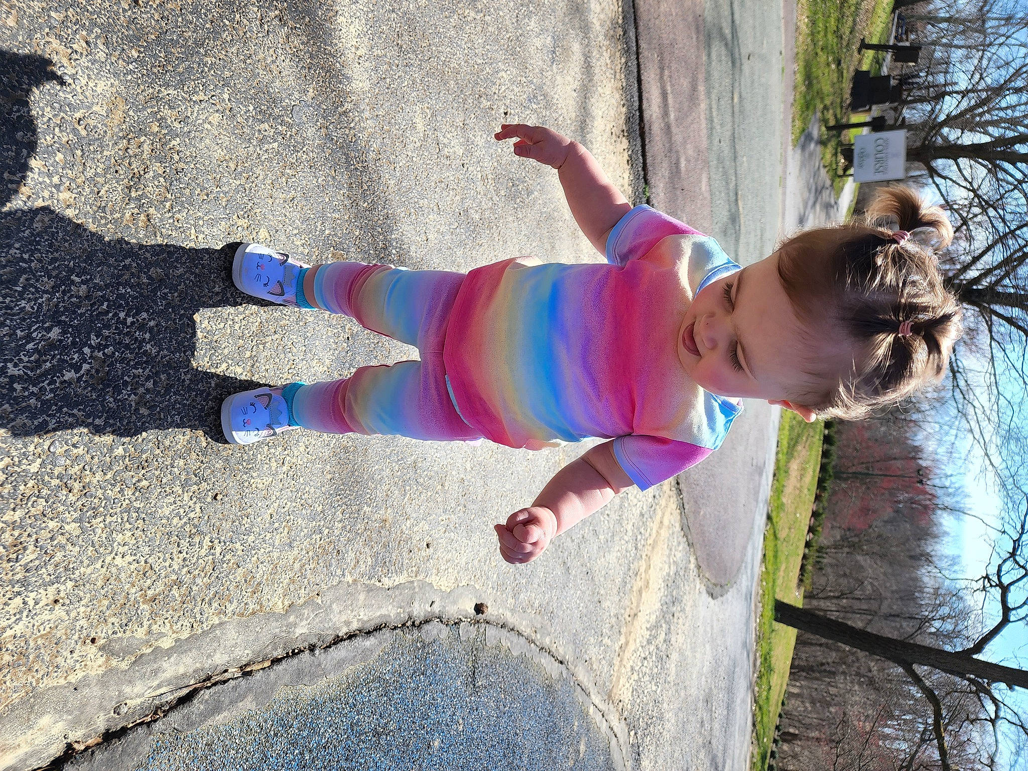 Izabella joined the competition — help win amazing prizes! asphalt, azure, electric_blue, fun, hand, human_leg, leg, leisure, line, people_in_nature, person, photograph, plant, recreation, sky, sneakers, sunlight, toddler, tree, walking_shoe