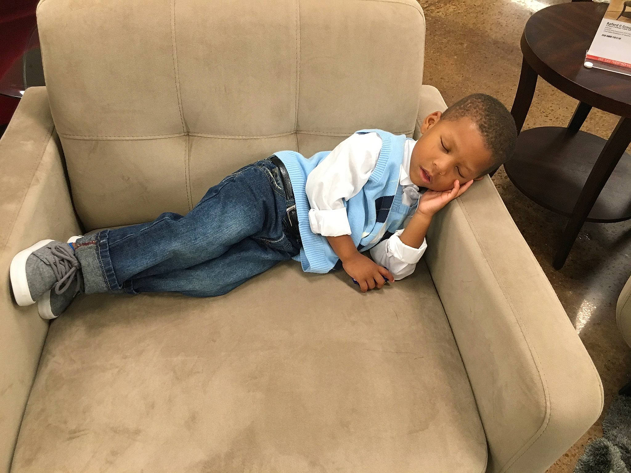 Kamron is registered to the contest to win money with this photo: angle, car_seat, chair, child, comfort, couch, floor, flooring, furniture, joint, leg, nap, person, product, sitting