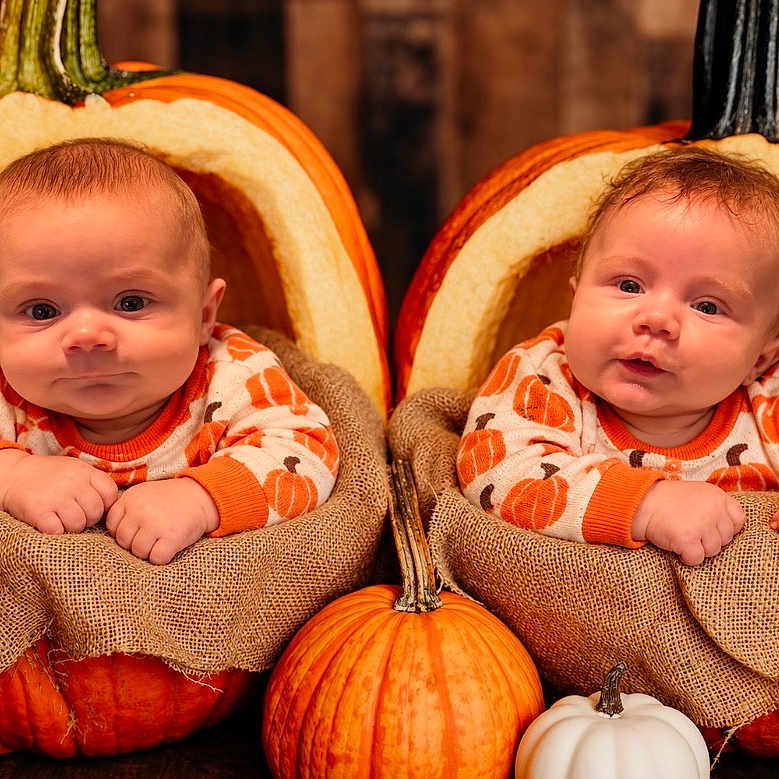 Holden Hudson joined the competition — help win amazing prizes! autumn, babies, burlap, costumes, cute, faces, fall, gourds, harvest, indoor, infants, orange, photography, portrait, pumpkins, rustic, siblings, sitting, twins, white_pumpkin