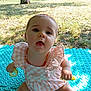 baby, child, outdoor, grass, tree, toy, mat, dress, person, infant, summer, nature, play, cute, sitting, sunlight, face, expression, yard, park