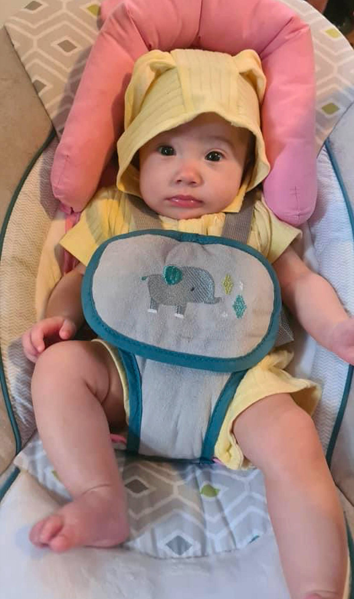 Saray joined the competition — help win amazing prizes! baby, baby_products, baby_safety, baby_toddler_clothing, cap, chair, cheek, child, comfort, eye, face, fashion_accessory, hat, headwear, linens, person, pink, product, sitting, skin
