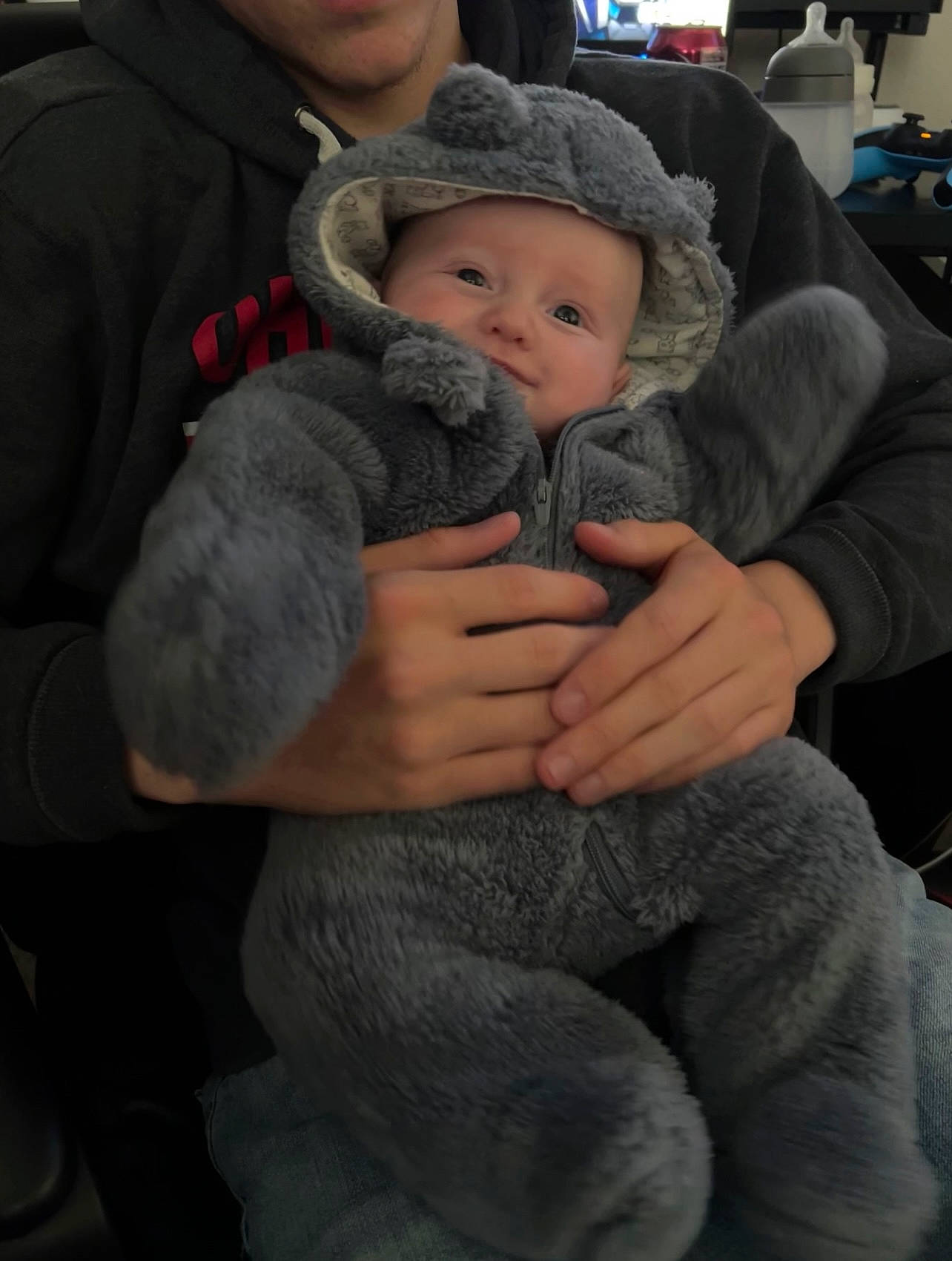 Zeke joined the competition — help win amazing prizes! baby, baby_products, baby_toddler_clothing, baseball_cap, cap, chair, child, comfort, ear, eye, fun, fur, gesture, hat, headgear, headwear, lap, person, sitting, sun_hat