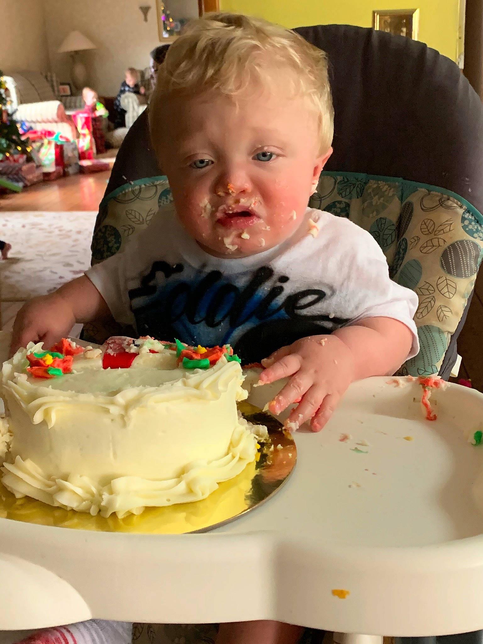 Eddie is registered to the contest to win money with this photo: baked_goods, baking, birthday, birthday_cake, buttercream, cake, cake_decorating, child, cream, cuisine, dessert, dish, eating, food, icing, pavlova, person, sugar_paste, sweetness, toddler