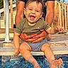 baby, child, smiling, happy, water, splashing, pool, outdoor, summer, person, feet, hands, clothing, toddler, playful, sunlight, deck, adult, holding, fun