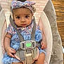 Renesme is registered to the contest to win money with this photo: baby, infant, child, headband, blue_dress, baby_seat, safety_harness, curious_expression, indoor, floor, wooden_floor, cute, small_hands, wide_eyes, pink, gray, soft_toys, seated, clothing, person