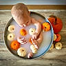 Asher joined the competition — help win amazing prizes! autumn, baby, bath, cozy, cute, hands, infant, metal_bowl, milk_bath, mini_pumpkin, newborn, orange, portrait, props, pumpkin, seasonal, toes, top_down_view, white_pumpkin, wooden_floor