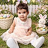basket, bunting_flags, child, cute, decorations, easter_eggs, flower_hair_ties, garden, girl, grass, hair_accessories, outdoor, picket_fence, pink_dress, plush_bunny, portrait, smiling, spring, toddler, white_shoes