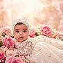baby, infant, flower, roses, pink, white, dress, headband, portrait, cute, child, floral, closeup, soft_light, smile, young, pretty, lying_down, baby_girl, innocence