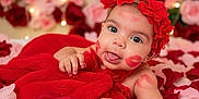 Sarahis joined the competition — help win amazing prizes! baby, flower_crown, red_blanket, rose_petals, lipstick_kiss, tongue_out, cute, infant, playful, portrait, close_up, decorative_lights, soft_texture, pink_roses, red_roses, skin, face, hand, lying_down, adorable