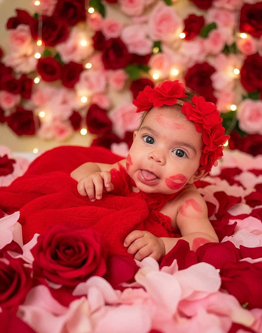 Sarahis joined the competition — help win amazing prizes! baby, flower_crown, red_blanket, rose_petals, lipstick_kiss, tongue_out, cute, infant, playful, portrait, close_up, decorative_lights, soft_texture, pink_roses, red_roses, skin, face, hand, lying_down, adorable
