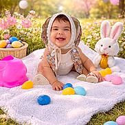 Sarahis is registered to the contest to win money with this photo: baby, balloons, basket, blanket, bonnet, bunny, child, cute, easter_eggs, festive, flowers, grass, happy, holiday, outdoor, plush_toy, portrait, sitting, smiling, spring