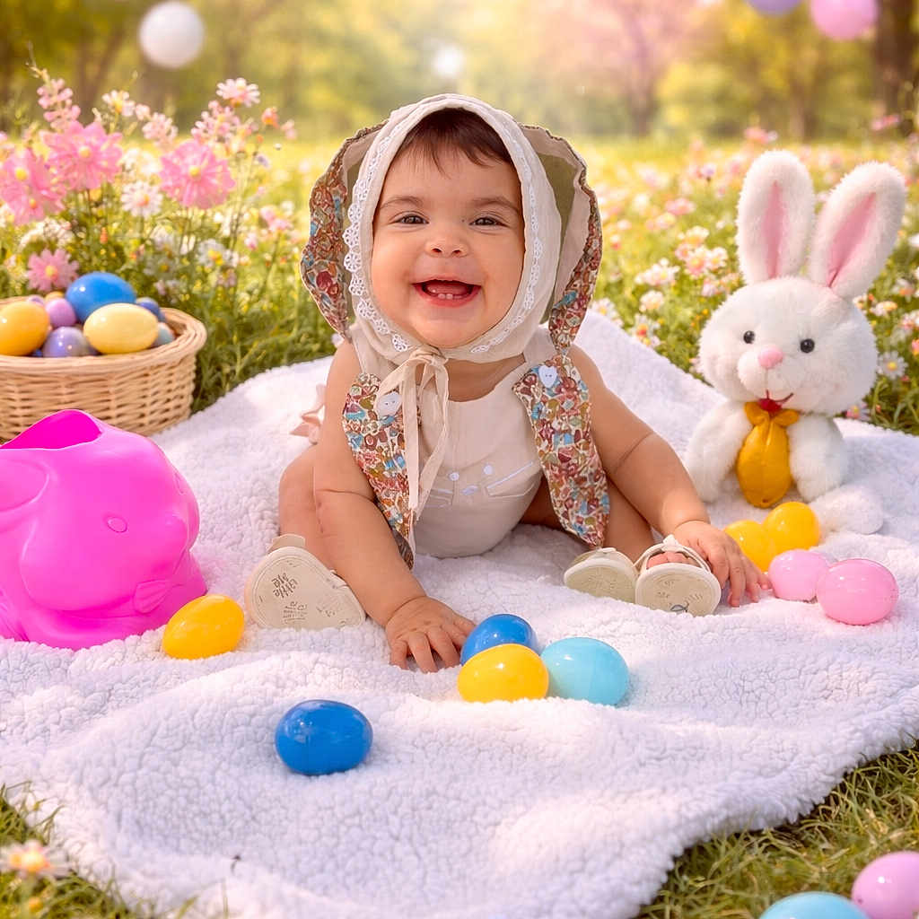 Sarahis is registered to the contest to win money with this photo: baby, balloons, basket, blanket, bonnet, bunny, child, cute, easter_eggs, festive, flowers, grass, happy, holiday, outdoor, plush_toy, portrait, sitting, smiling, spring