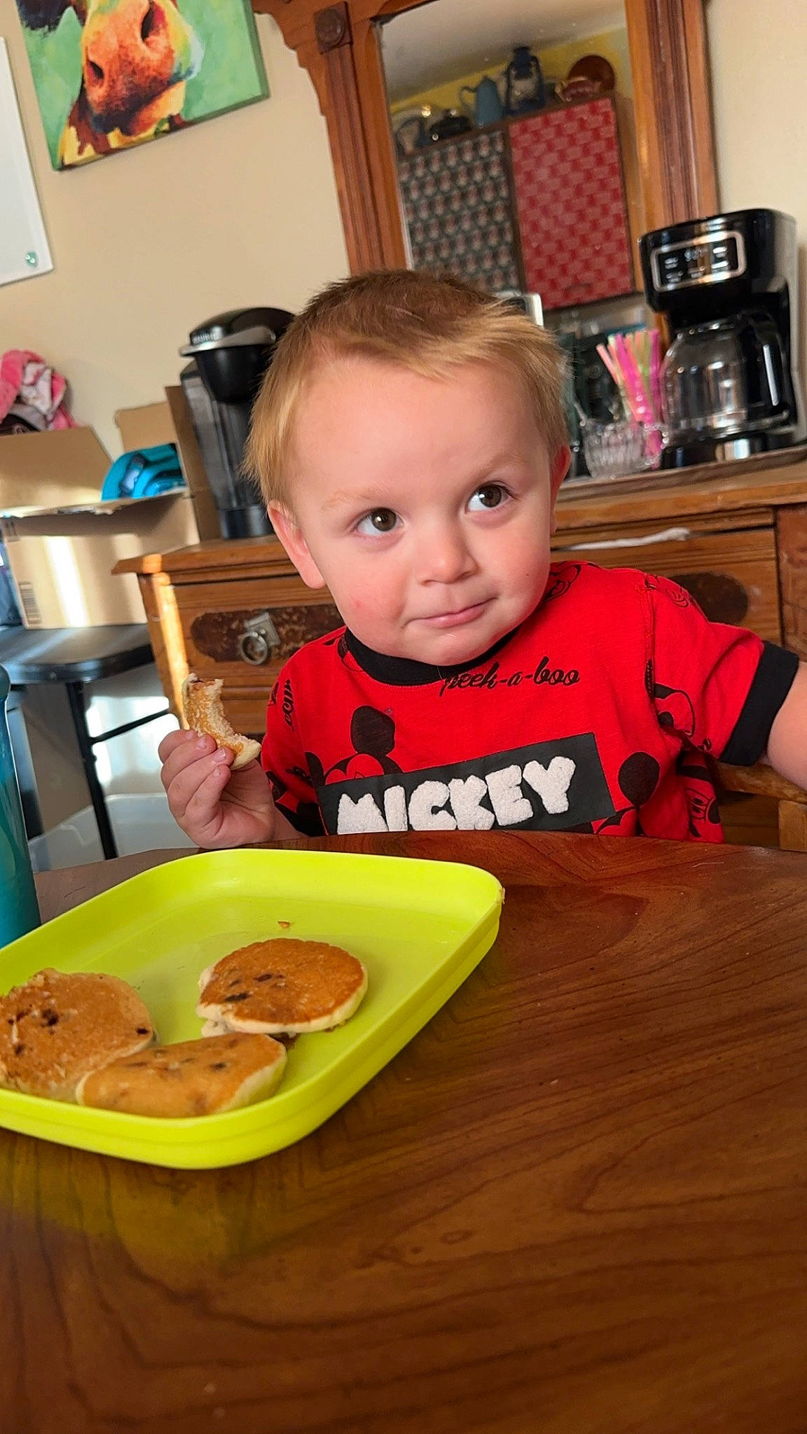 Waylon joined the competition — help win amazing prizes! baby_toddler_clothing, chair, child, comfort_food, cooking, eating, food, food_craving, home_appliance, ingredient, kitchen_appliance, person, plate, recipe, room, sweetness, t_shirt, table, tableware, toddler