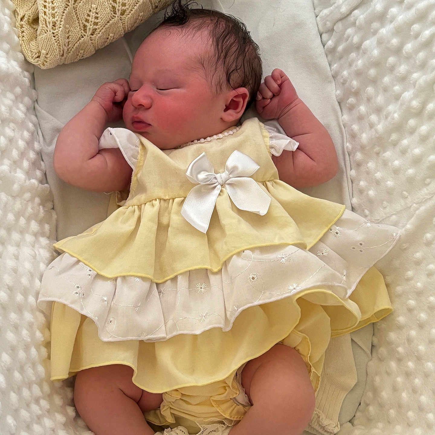 Maybelle joined the competition — help win amazing prizes! baby, blanket, child, cozy, cute, dress, fabric, indoors, infant, lace_socks, newborn, peaceful, portrait, resting, sleeping, small_arms, soft_texture, toddler, white_bow, yellow_dress