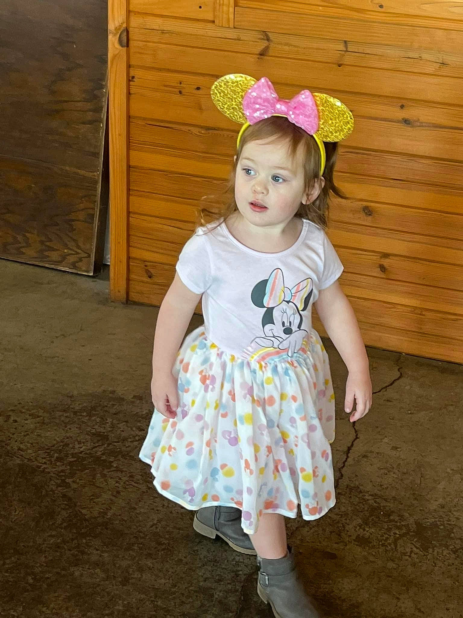 Aubree is registered to the contest to win money with this photo: baby_toddler_clothing, child, clothing, costume, day_dress, door, dress, fun, grass, happy, hat, magenta, one_piece_garment, pattern, person, pink, sleeve, standing, t_shirt, toddler