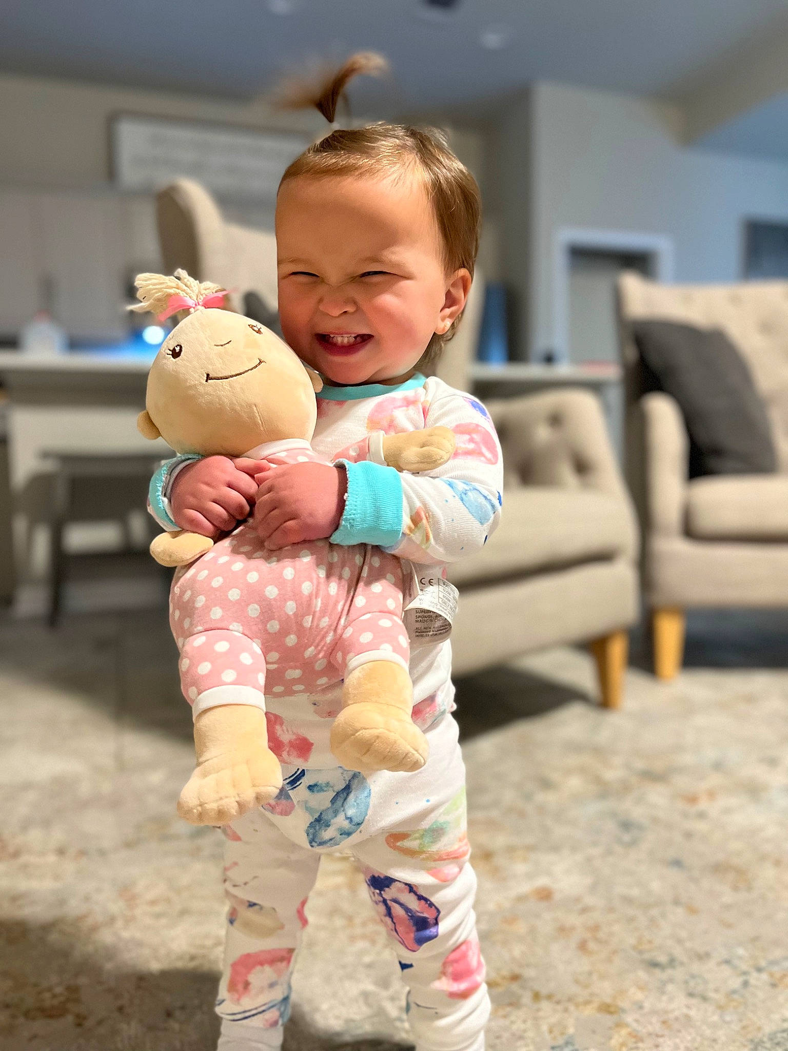 Briggs joined the competition — help win amazing prizes! baby, baby_toddler_clothing, child, couch, facial_expression, fun, fur, happy, head, joy, leisure, person, sitting, skin, sleeve, smile, stuffed_toy, summer, teddy_bear, toddler