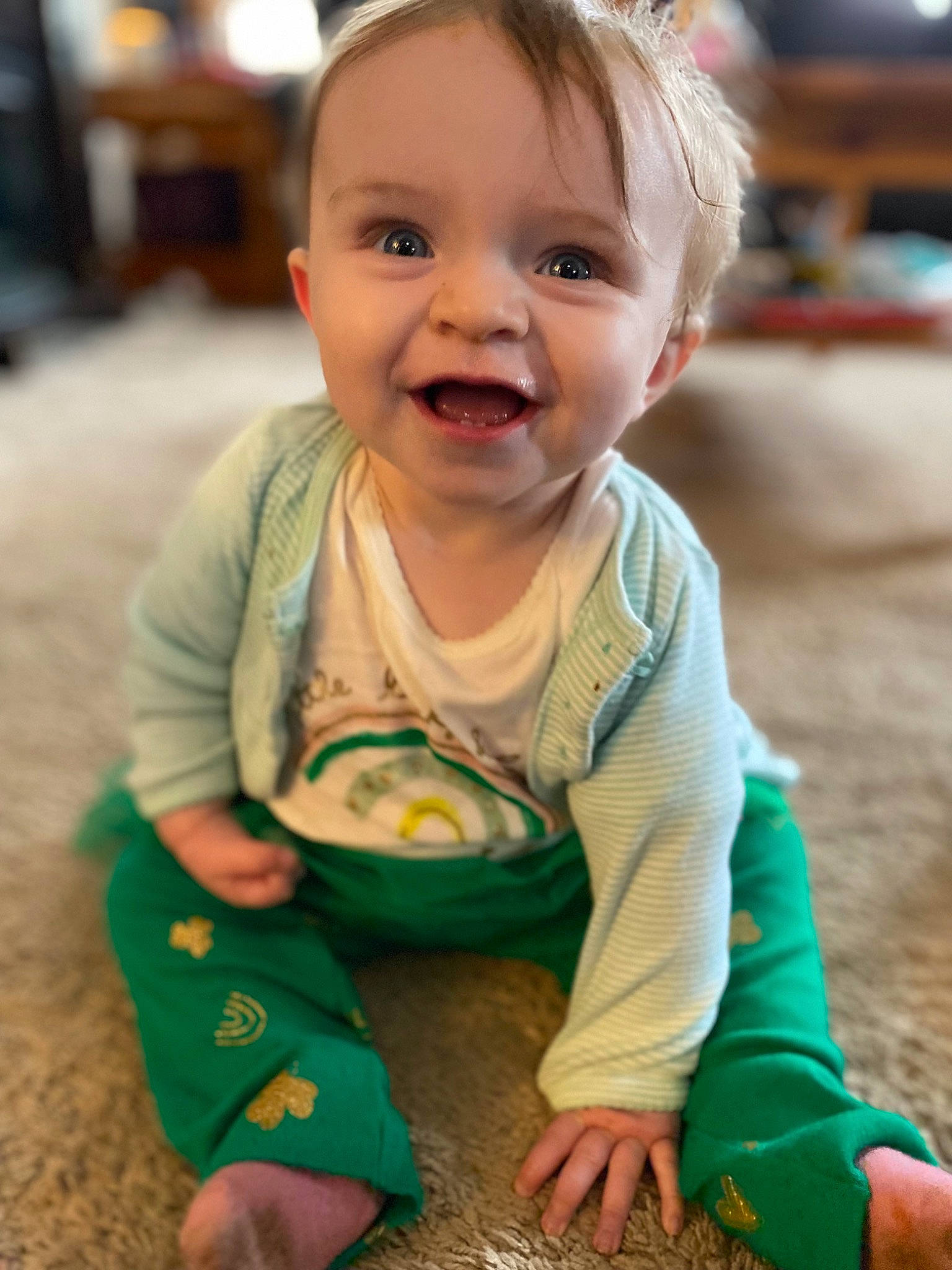 Josi is registered to the contest to win money with this photo: baby, baby_toddler_clothing, cheek, chin, dress, eye, face, facial_expression, green, happy, head, iris, lip, nose, person, photograph, skin, sleeve, smile, standing