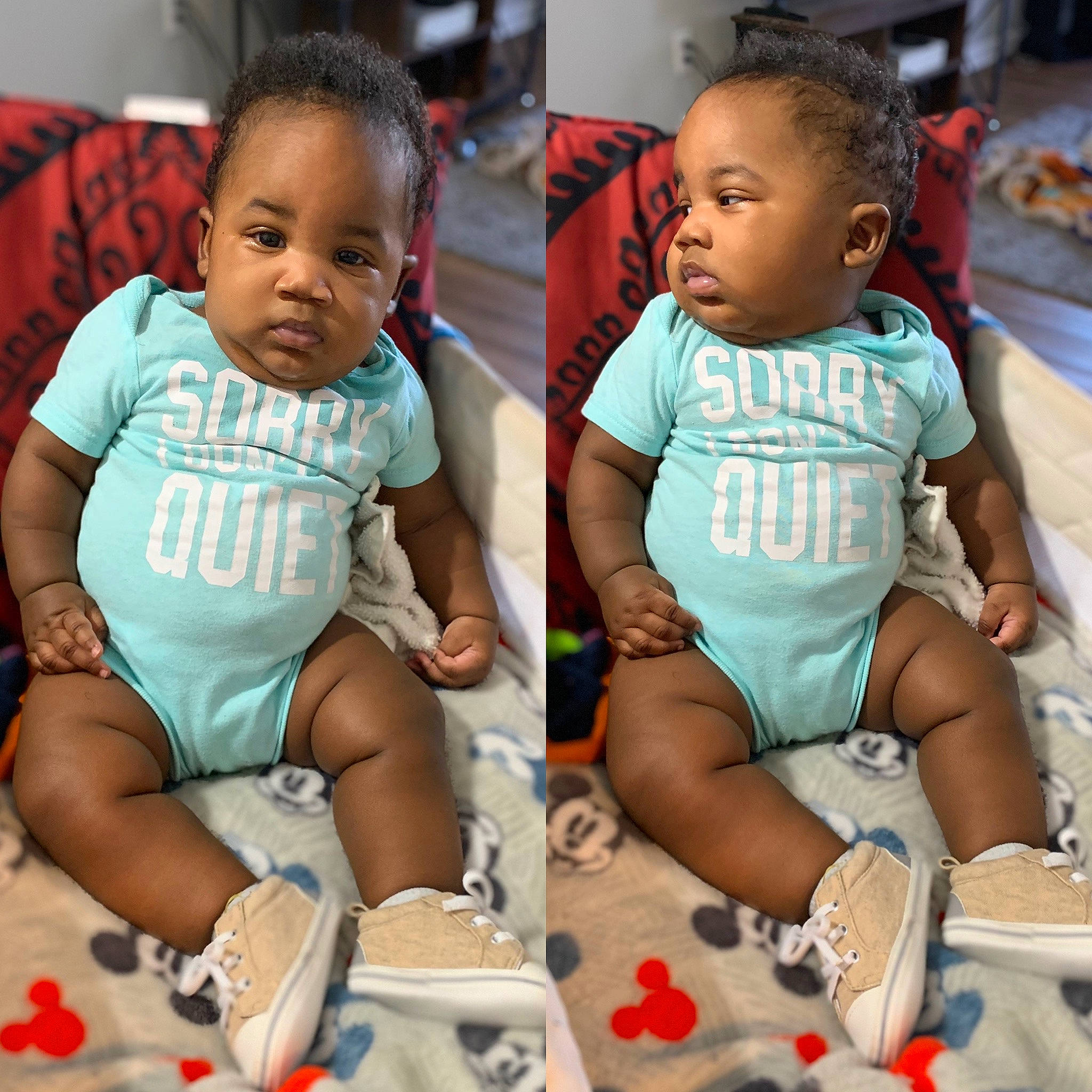 Khalil is registered to the contest to win money with this photo: baby, baby_toddler_clothing, bib, cheek, child, collar, eye, face, facial_expression, finger, happy, head, iris, pattern, person, sitting, skin, sleeve, t_shirt, thigh
