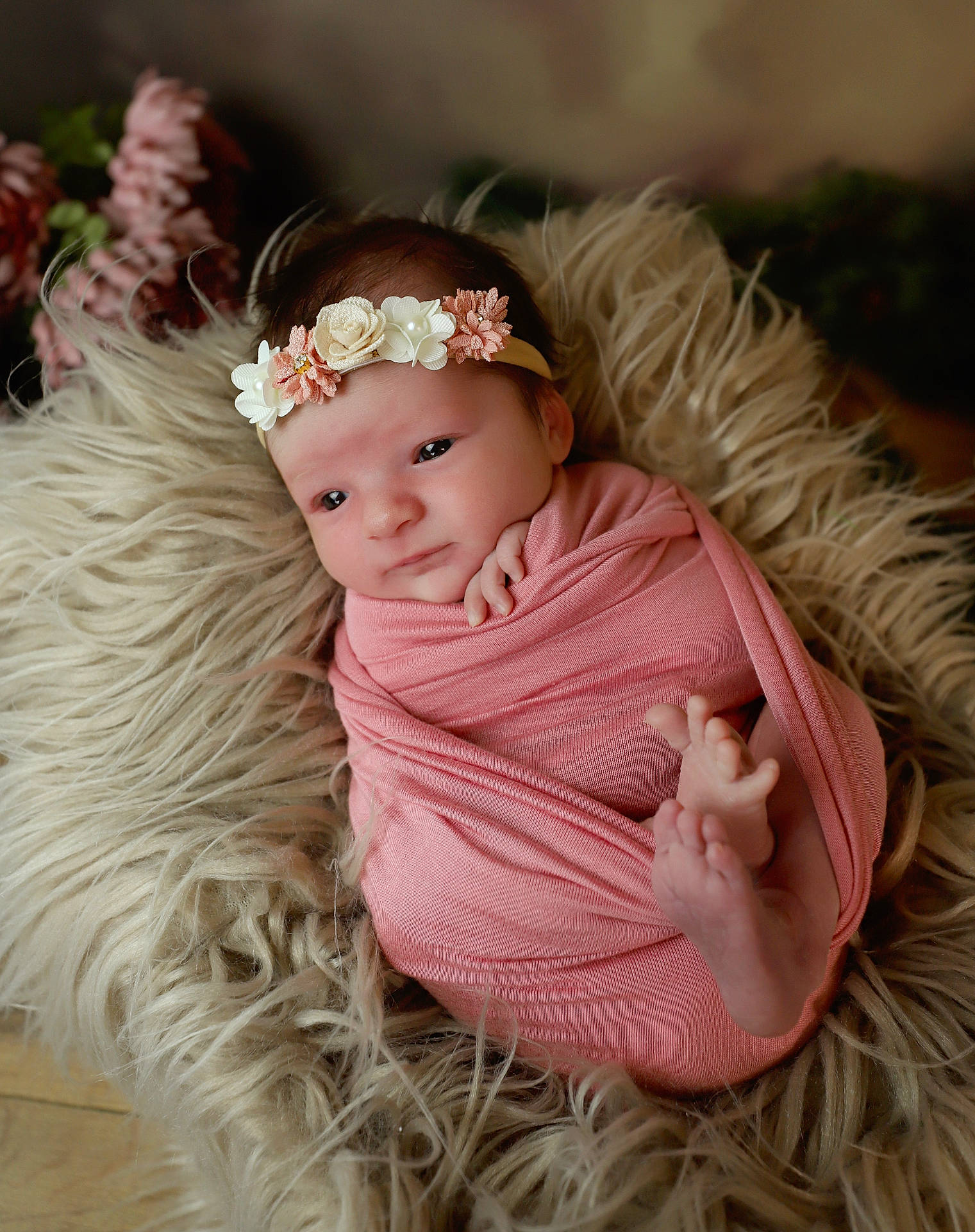 Everleigh joined the competition — help win amazing prizes! accessories, baby, bodypart, bonnet, clothing, face, finger, flower, flowerarrangement, flowerbouquet, hand, happy, head, headband, newborn, person, photography, plant, portrait, smile