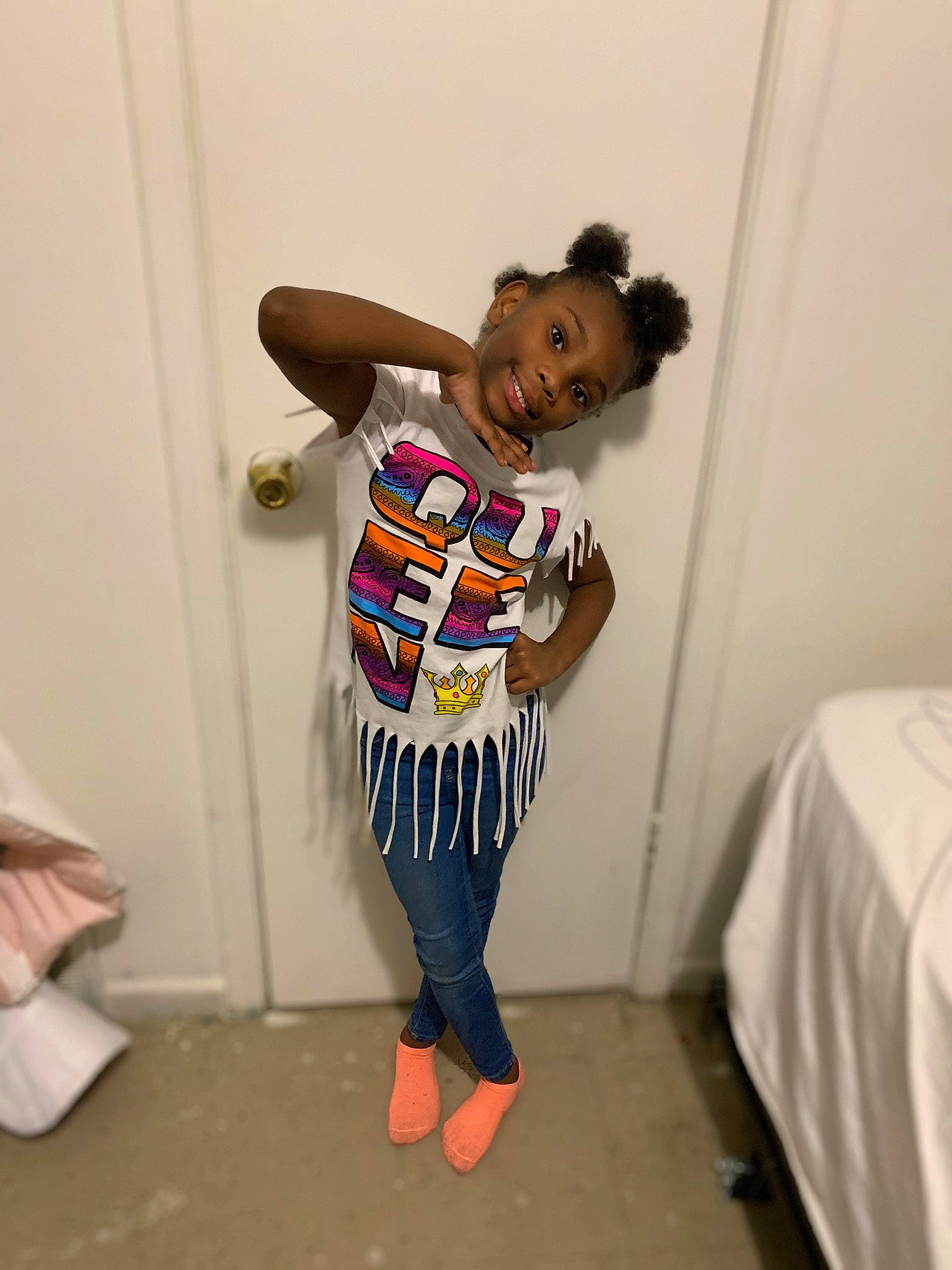 Denise joined the competition — help win amazing prizes! baby_toddler_clothing, barefoot, fashion_design, flooring, fun, hair, happy, human_body, human_leg, joy, knee, leg, neck, person, sleeve, smile, sportswear, t_shirt, thigh, toddler