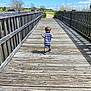 Tobias is registered to the contest to win money with this photo: child, toddler, back_view, walking, boardwalk, wooden_boardwalk, railing, sky, clouds, outdoors, nature, grass, marsh, shadow, summer, shoes, striped_clothing, baby_hair, perspective, horizon
