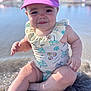 baby, beach, cap, child, chubby_legs, cute, happy, holiday, infant, nature, outdoor, pink_cap, portrait, sitting, summer, sunlight, sunny, swimsuit, vacation, water