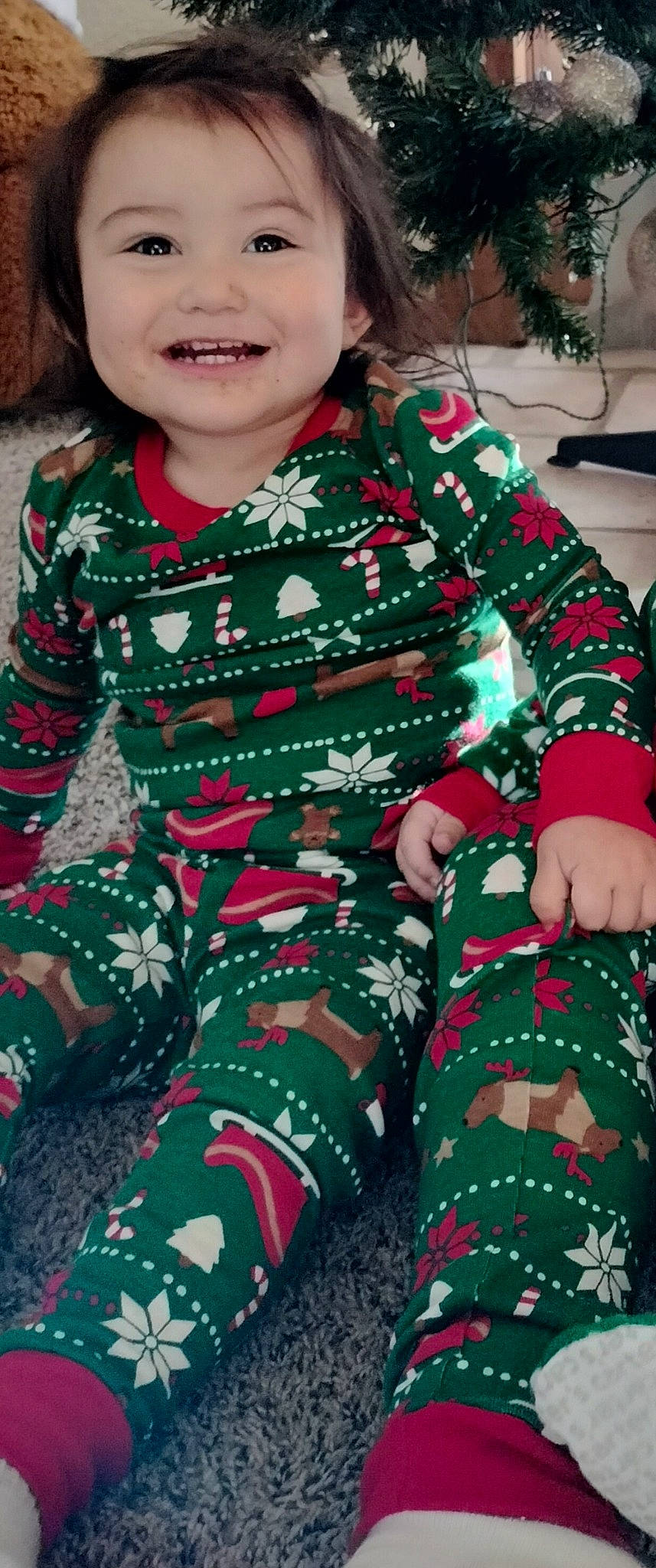 A'Mari is registered to the contest to win money with this photo: baby_toddler_clothing, child, christmas, christmas_decoration, christmas_eve, christmas_ornament, event, grass, green, happy, holiday, jacket, joy, lap, pattern, person, sitting, sleeve, smile, t_shirt