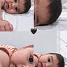 baby, infant, face, closeup, collage, bed, white_bed, striped_clothing, cute, curious, lying_down, soft_lighting, black_heart_emoji, skin, expression, portrait, child, indoors, peaceful, young