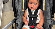 Raidel is registered to the contest to win money with this photo: baby, car_seat, child, clothing, concrete_floor, cute, expression, foot, footwear, indoor, infant, person, red_bracelet, safety_harness, seat, shopping_area, straps, summer_wear, sunglasses, toddler