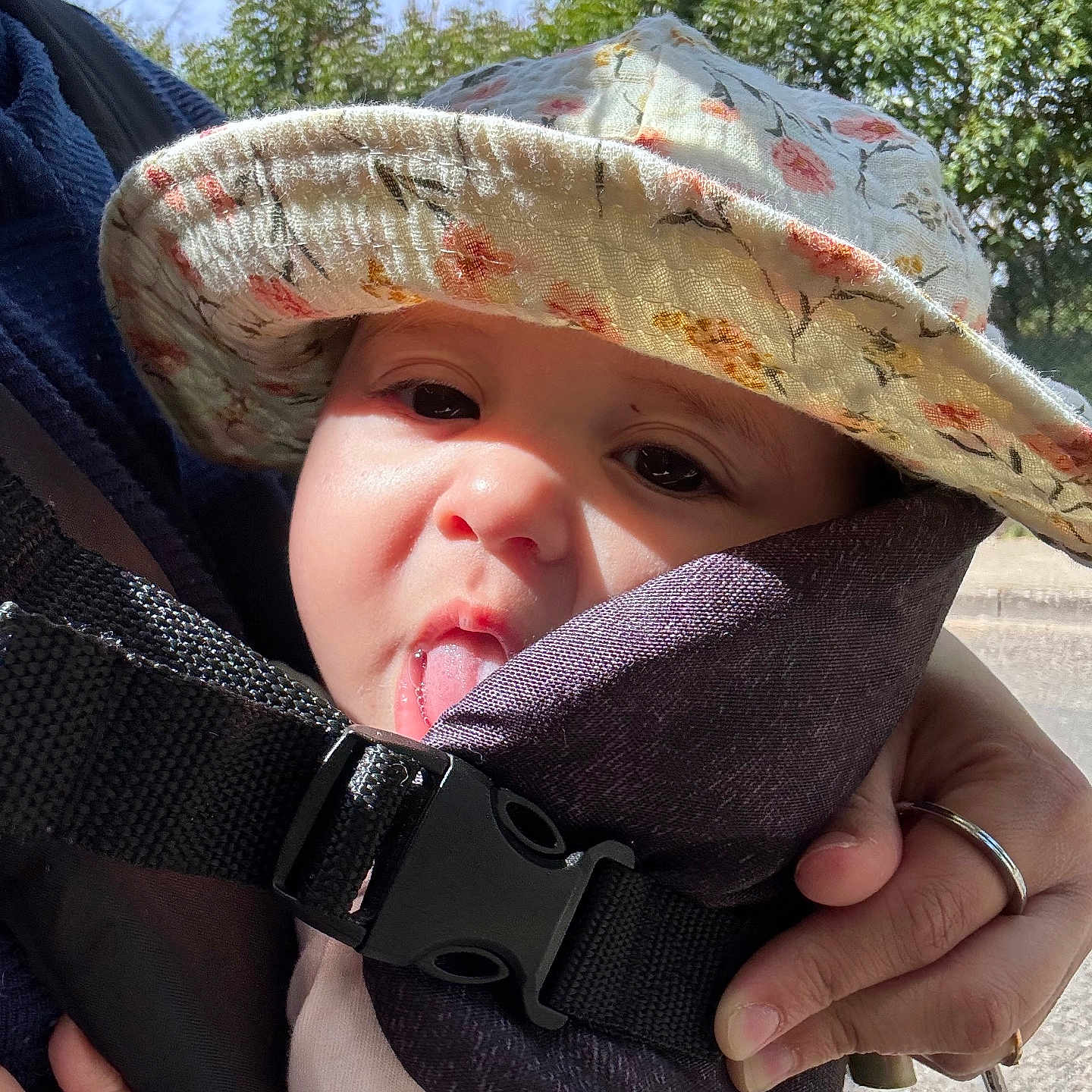 Lilith participe au concours pour gagner de l'argent avec cette photo : baby, child, hat, floral, tongue, face, outdoor, sunlight, trees, carrier, hand, ring, person, clothing, nature, expression, cute, infant, closeup, daytime