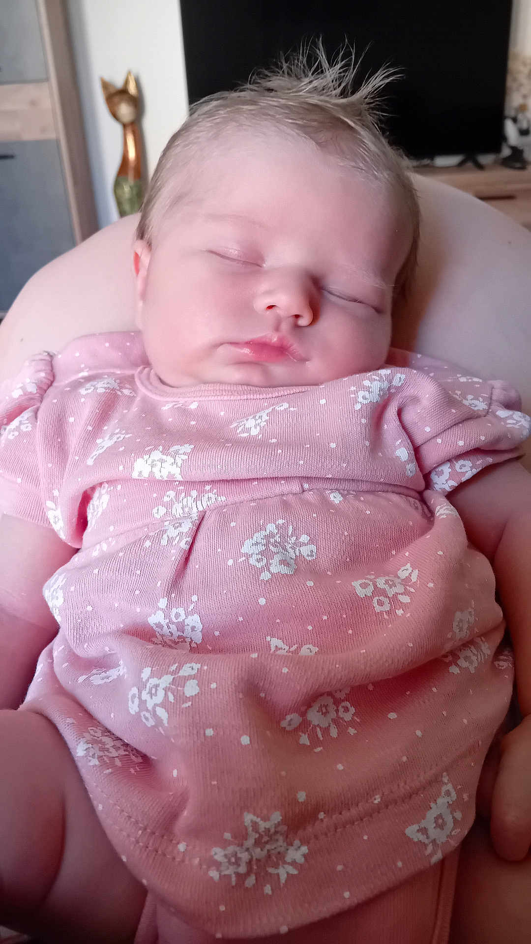 Eliséa a rejoint le concours — aidez-le/la à gagner de superbes lots ! baby, sleeping, pink_clothing, floral_pattern, infant, cute, indoor, soft_light, peaceful, toddler, portrait, child, young, hair, face, relaxing, small_person, candid, resting, cozy