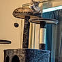 cat, cat_tree, indoor, pet, furniture, curtains, mirror, relaxed, animal, paw, licking, cozy, home, fur, sleeping_spot, scratching_post, toy, plush, resting, domestic_animal