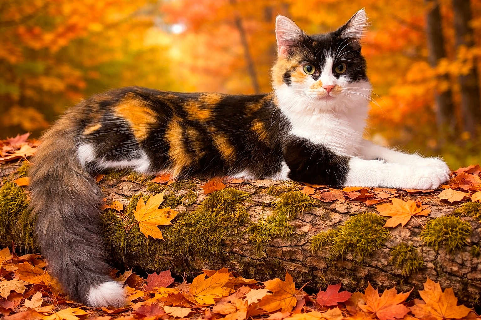 Smores joined the competition — help win amazing prizes! cat, calico_cat, animal, feline, autumn, fall_leaves, forest, nature, log, moss, outdoor, wildlife, cute, fur, whiskers, tail, relaxed, seasonal, colorful, scenery