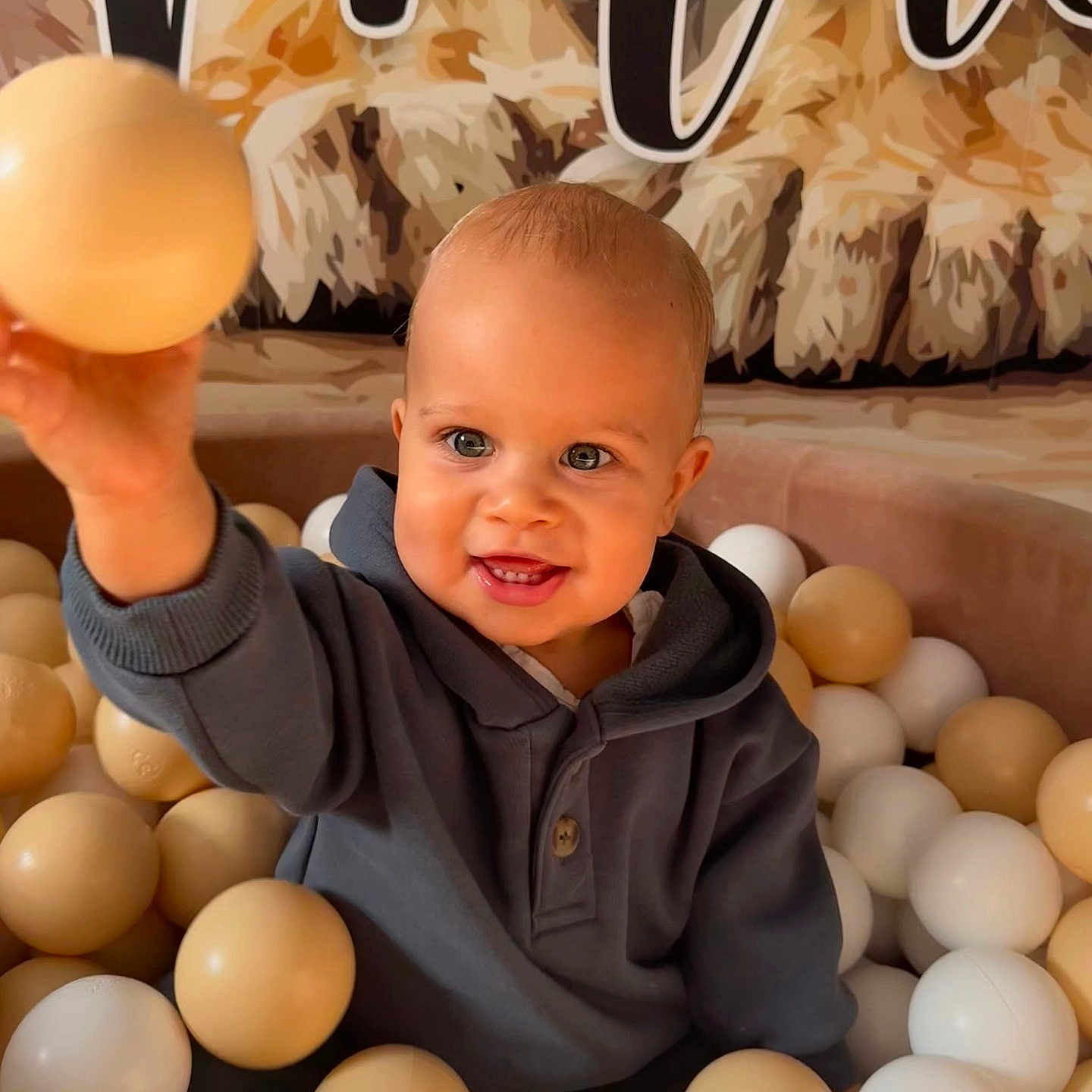Maë Chaton participe au concours pour gagner de l'argent avec cette photo : art, baby, background, ball_pit, balls, child, clothing, cute, expression, face, hand, happy, hoodie, indoor, person, play, portrait, smiling, toddler, toy