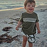 toddler, child, beach, sand, sunset, ocean, shell, barefoot, smiling, happy, casual_clothing, shorts, tshirt, nature, outdoor, sky, water, waves, summer, playful