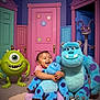 Cataleya joined the competition — help win amazing prizes! child, toddler, plush_toy, sitting, smiling, happy, monsters_inc, sulley, mike_wazowski, randall, colorful_doors, carpet, indoor, toy, character, playful, fantasy, cute, room, fun