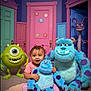 toddler, child, plush_toy, monster, cartoon_character, colorful_doors, pink_door, green_door, blue_door, carpet, smile, indoor, happy, fantasy, playful, cute, purple_spots, toy, room, imaginative