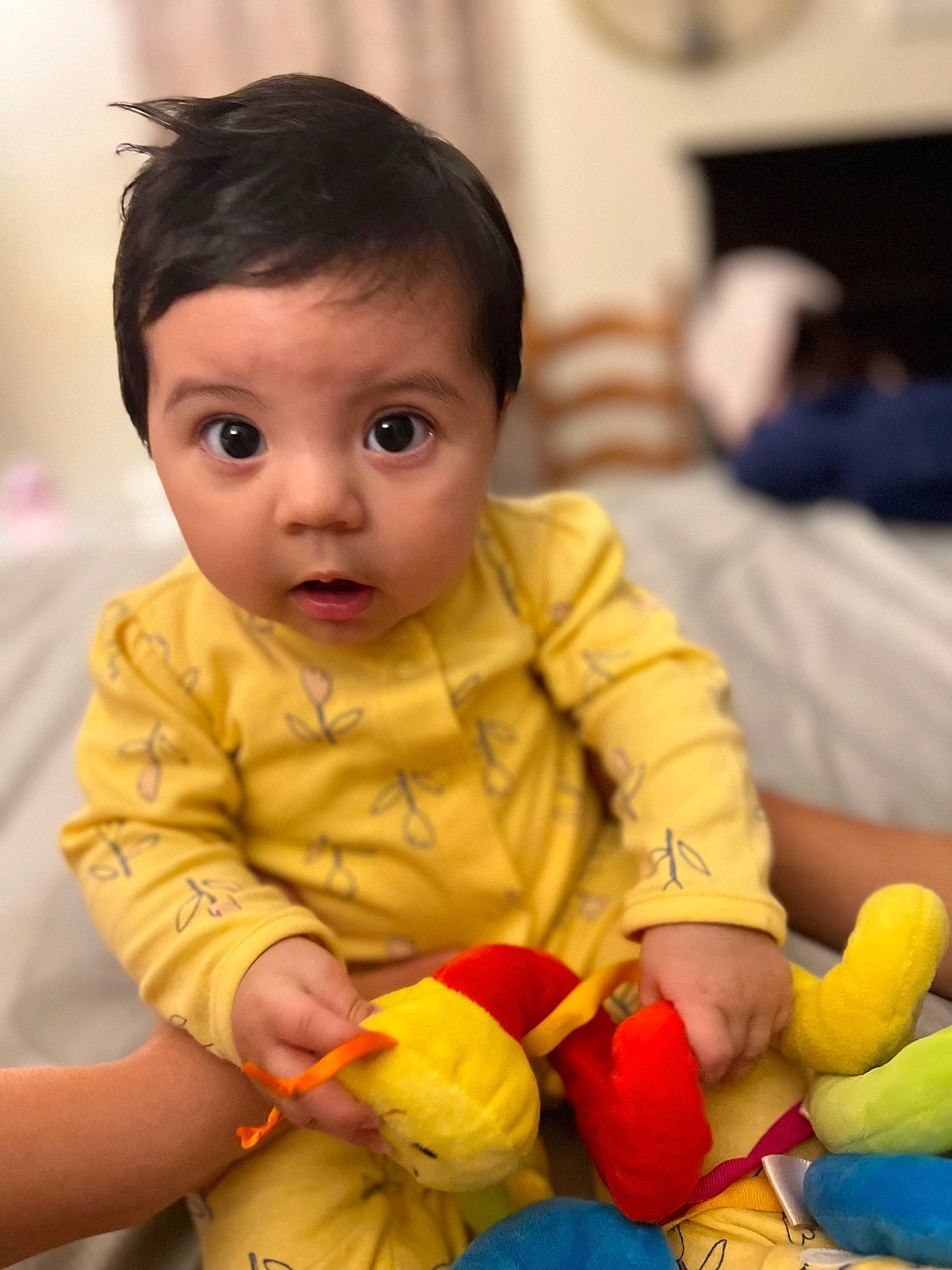 Aurora joined the competition — help win amazing prizes! arm, baby, baby_playing_with_toys, baby_products, baby_toddler_clothing, cheek, child, eye, finger, fun, happy, iris, mouth, nose, person, photograph, room, skin, snapshot, surprise