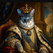 Stitch joined the competition — help win amazing prizes! animal, art, blue_eyes, cat, chair, clothing, costume, crown, fur, gold, historical, indoor, luxury, majestic, painting_style, portrait, regal, robe, royalty, throne