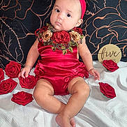 Ileana is registered to the contest to win money with this photo: baby, child, red_outfit, headband, roses, artificial_flowers, white_blanket, black_background, floral_pattern, wooden_sign, sitting, portrait, cute, celebration, indoor, person, young_child, decor, fabric, accessory