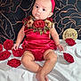 baby, child, red_outfit, headband, roses, artificial_flowers, white_blanket, black_background, floral_pattern, wooden_sign, sitting, portrait, cute, celebration, indoor, person, young_child, decor, fabric, accessory