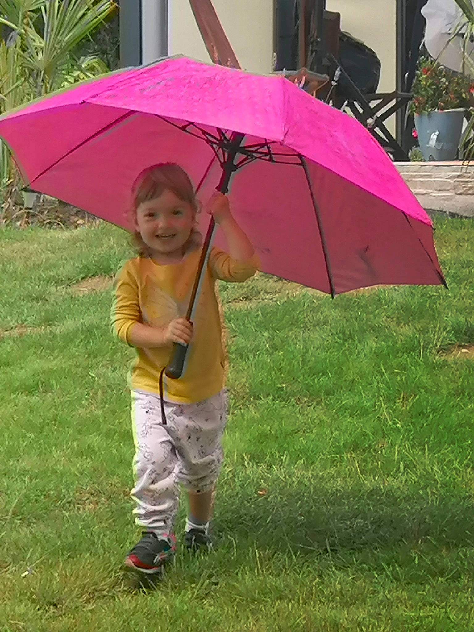 Abygail participe au concours pour gagner de l'argent avec cette photo : child, fashion_accessory, flowerpot, fun, grass, grassland, houseplant, joy, leisure, magenta, people_in_nature, person, photograph, pink, plant, recreation, shade, smile, tints_and_shades, toddler
