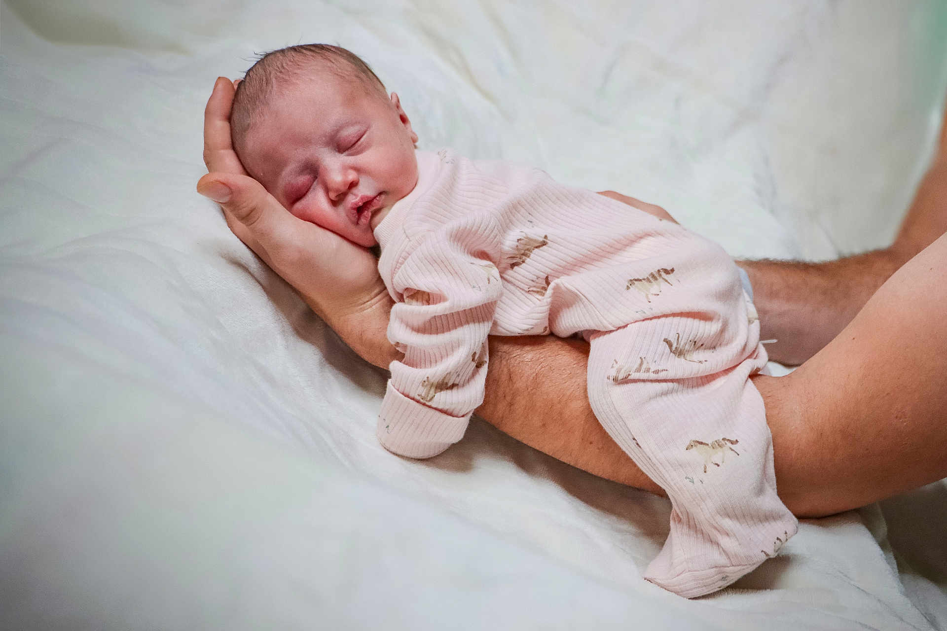 Brighton is registered to the contest to win money with this photo: newborn, baby, sleeping, infant, pajamas, pink_clothing, horse_print, arm, hand, resting, peaceful, soft, cozy, bed, blanket, skin, person, closeup, portrait, gentle