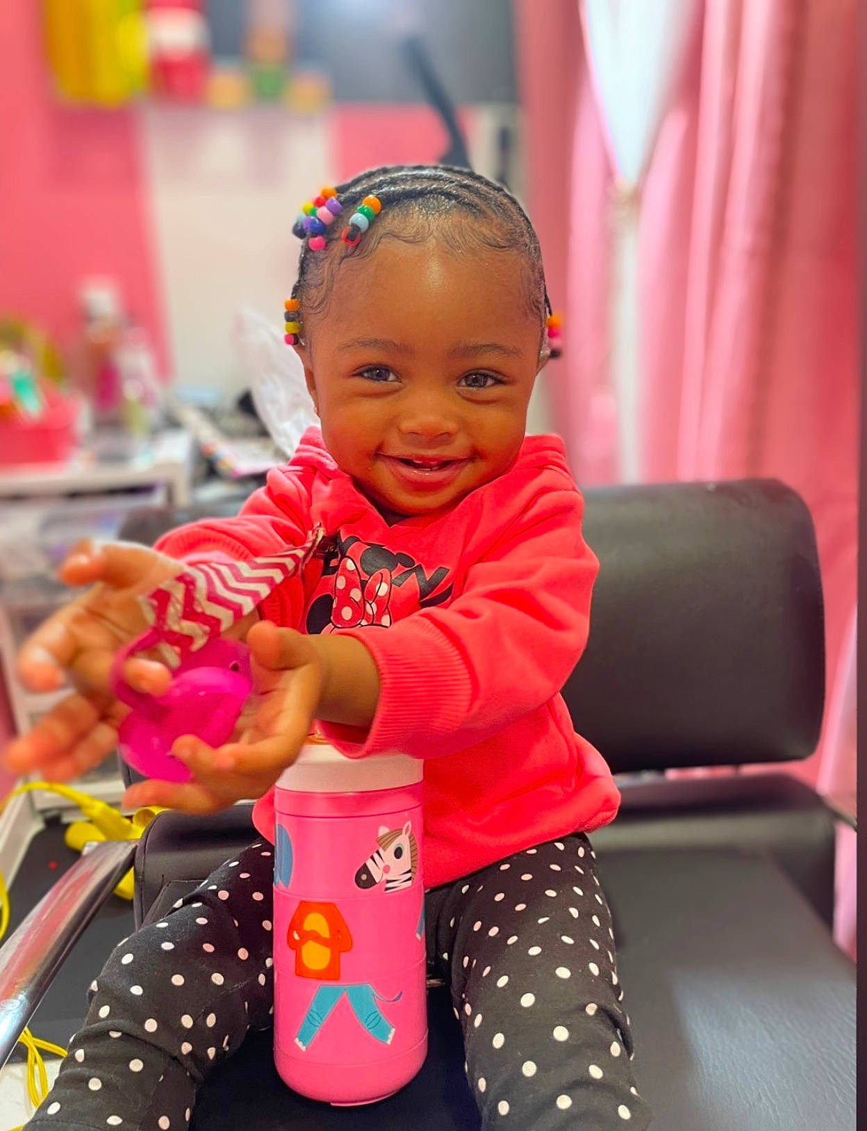 Sariyah is registered to the contest to win money with this photo: baby, baby_toddler_clothing, child, curtain, event, fashion_accessory, fun, happy, jewellery, joy, leisure, magenta, necklace, pattern, person, pink, play, sleeve, smile, stuffed_toy